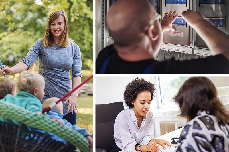 Collage mit drei Fotos: Erzieherin, Hausmeister und Sachbearbeiterin im Beratungsgespräch.