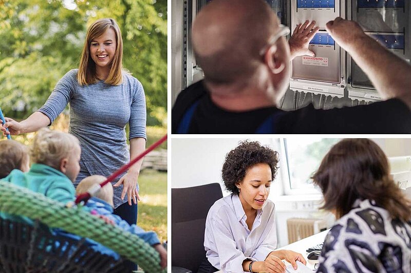 Collage mit drei Fotos: Erzieherin, Hausmeister und Sachbearbeiterin im Beratungsgespräch.