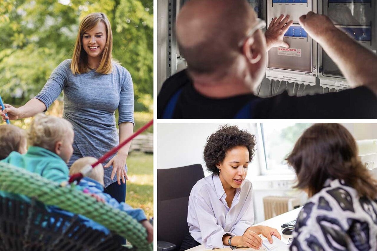 Collage mit drei Fotos: Erzieherin, Hausmeister und Sachbearbeiterin im Beratungsgespräch.