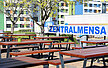 Foto von der Zentralmensaterrasse auf das Wohnheim Inter 2 im Hintergrund
