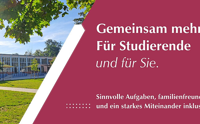 ein Gebäude einer Mensa im Sonnenschein mit Bäumen und grüner Wiese, Schriftzug Gemeinsam mehr erreichen. Für Studierende und für Sie. Starten Sie beim Studentenwerk Halle: Sinnvolle Aufgaben, familienfreundliche Arbeitszeiten und ein starkes Miteinander inklusive.
