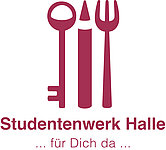 Logo bestehend aus Schlüssel Stift und Gabel mit Schriftzug Studentenwerk Halle ... für dich da ...