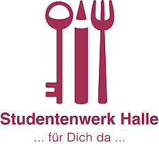 Logo bestehend aus Schlüssel Stift und Gabel mit Schriftzug Studentenwerk Halle ... für dich da ...
