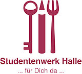 Logo bestehend aus Schlüssel Stift und Gabel mit Schriftzug Studentenwerk Halle ... für dich da ...