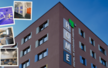 Gebäudeansicht Studierendenhostel mit Werbelogo an der Hauswand als Hintergrund - darauf Bilder mit den Schlafkapseln und Zimmern