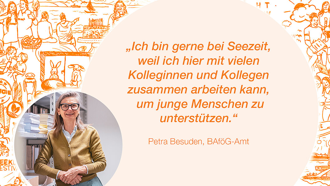 Zitat Petra Besuden, Sachbearbeiterin im Seezeit BAföG-Amt: " Ich bin gerne bei Seezeit, weilo ich hier mit vielen Kolleginnen und Kollegen zusammen arbeiten kann, um junge Menschen zu unterstützen."